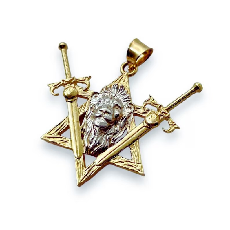 Two Swords Pendant in 14K Two Tone Gold with Lion of Judah and Star of David